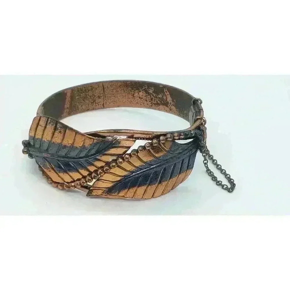 Vintage Whiting Davis Copper Hinged Bangle Bracelet Southwest Style Leaves - Picture 2 of 12
